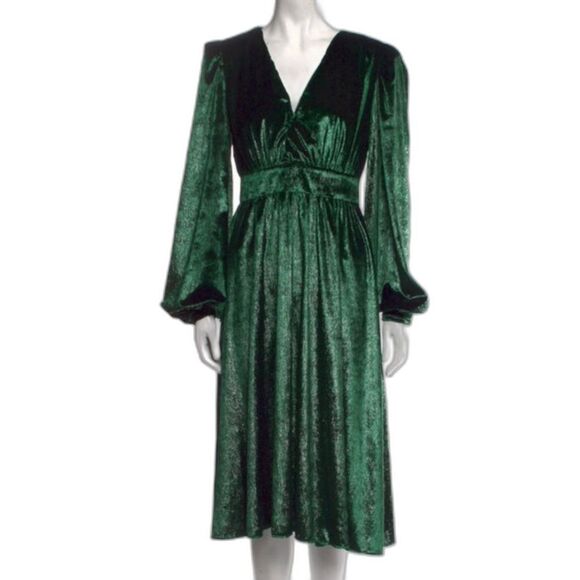 PatBO Green Liquid Velvet V-Neck Long Sleeve Midi Dress Size 8 - Picture 11 of 11